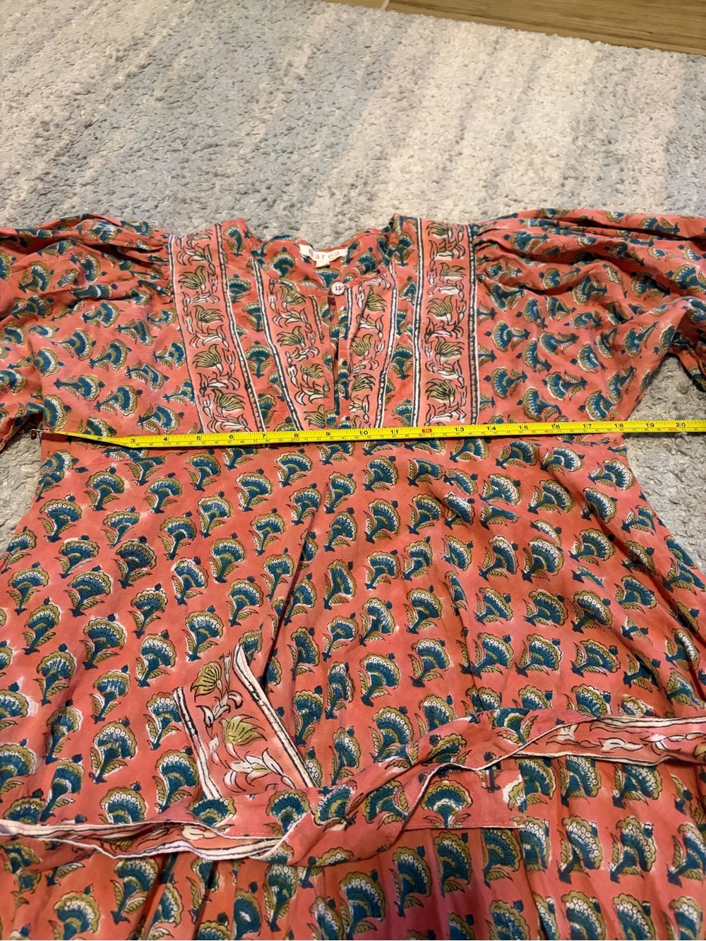Marea by Liz Joy Cotton Block Print House Maxi Dress Boho Coral Pink Sz 2 Belted - Picture 4 of 8